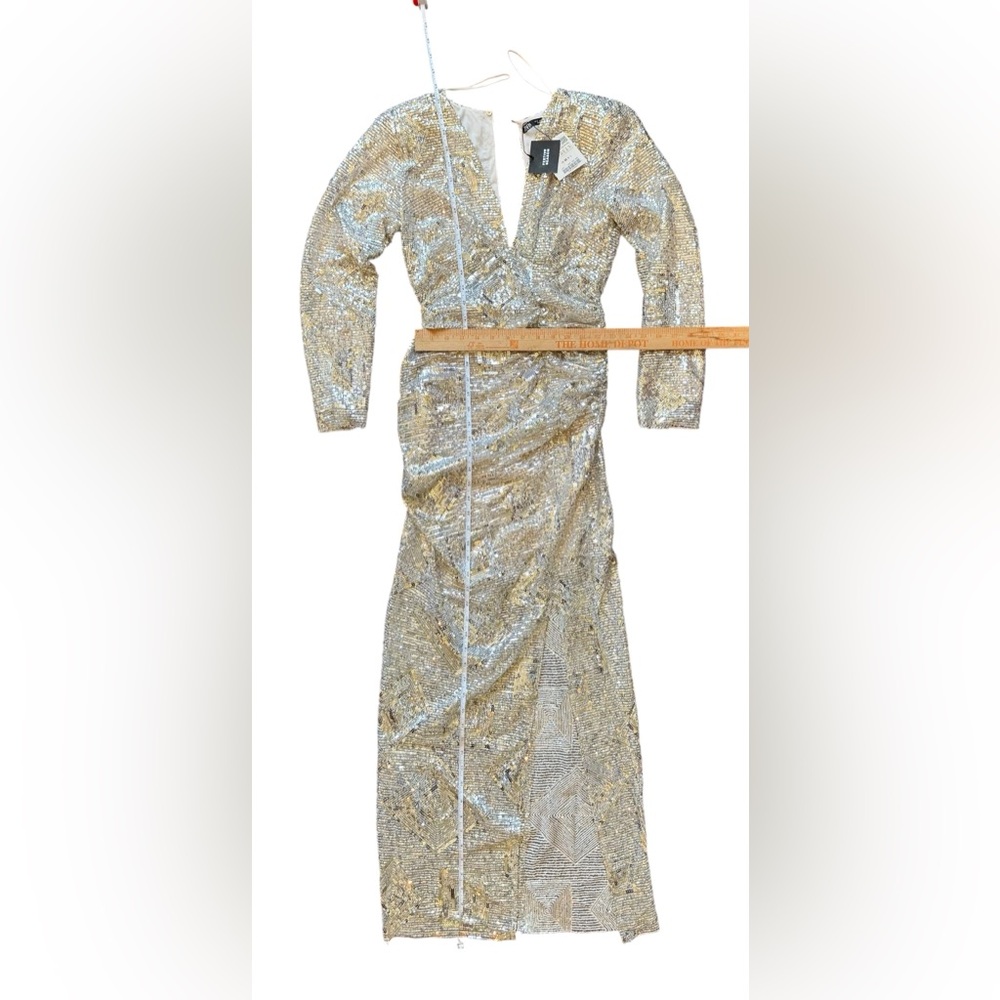Zara Elegant silver Sequin Evening Gown - long sleeve, v-neck size small NWT - Picture 4 of 5